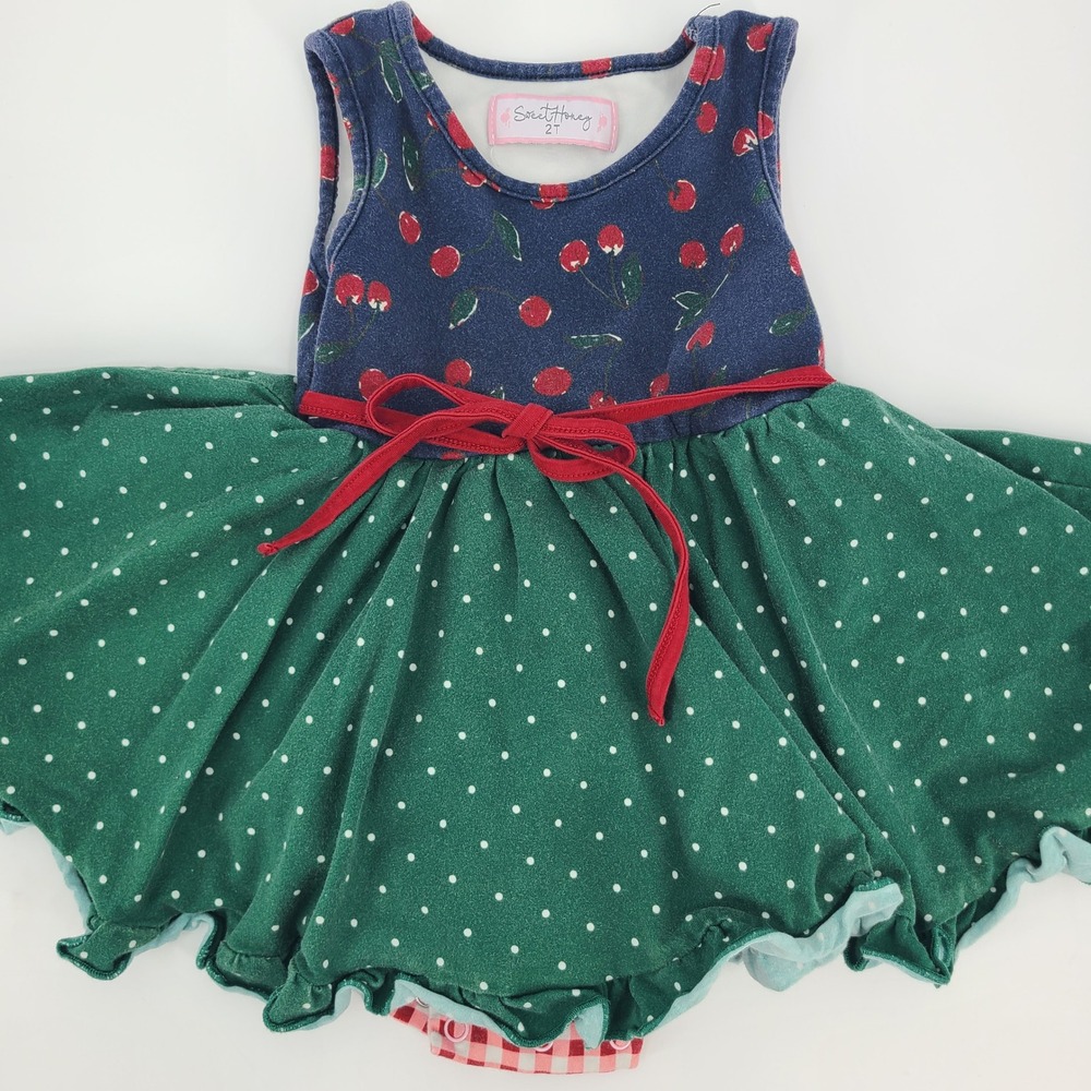 SweetHoney Cherry Polka‎ Dot Ruffle Twirl Dress Attached Gingham Bloomers 2T
